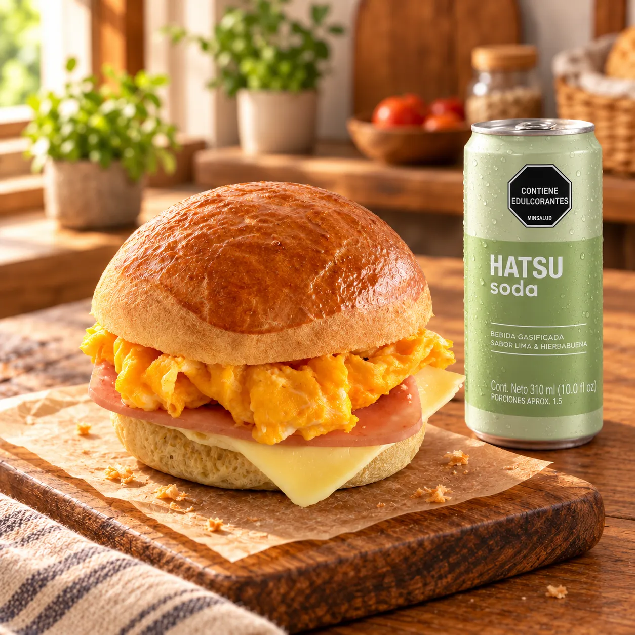 Brioche con huevo, jamón y queso + Soda Hatsu